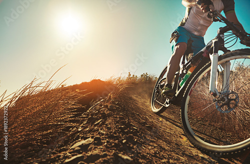 Wallpaper Mural Legs, cycling and adventure on trail with mountain bike, sports performance or endurance exercise. Space, sun flare and person outdoor with bicycle for off road training, race preparation or fitness. Torontodigital.ca