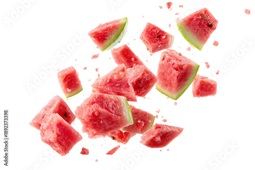 Fresh watermelon slices falling isolated on transparent background