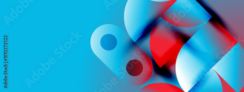 Abstract shapes, vibrant blue, red hues create dynamic composition. Smooth gradients, circular forms dominate visual space. Modern design.