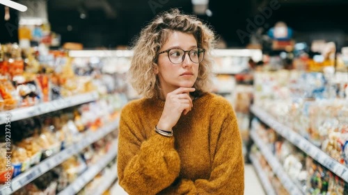 Wallpaper Mural Thoughtful woman standing in supermarket aisle contemplating purchase choices symbolizing consumer decision making lifestyle and modern shopping behavior Torontodigital.ca