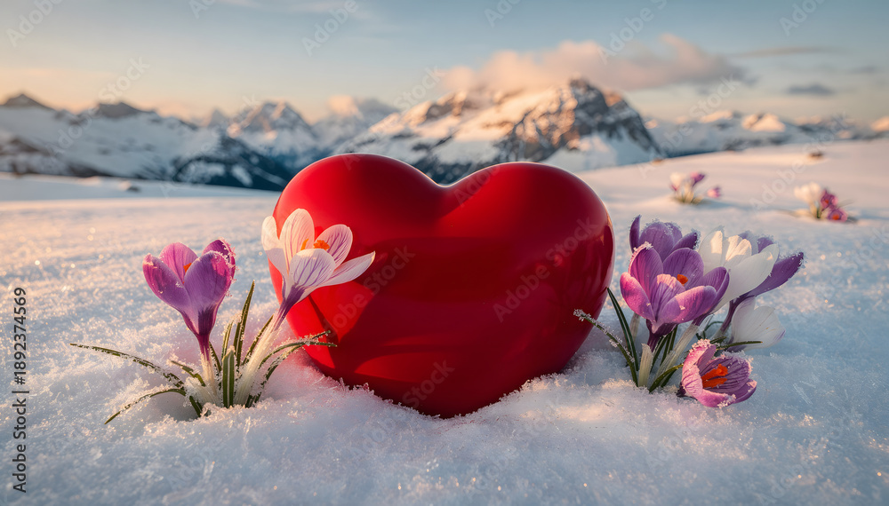 Fototapeta premium Red Heart Among Delicate Crocuses: A Symbol of Love's Resilience Amidst the Snow-Dusted Mountains, Offering a Touch of Warmth and Romance in a Winter Landscape
