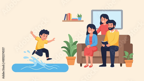 Family indoors watching a child play in water
