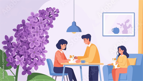 Family indoors with flowers and pets