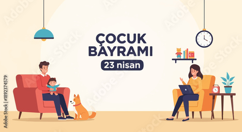 Family indoors, father with child and dog, mother with laptop, celebrating holiday