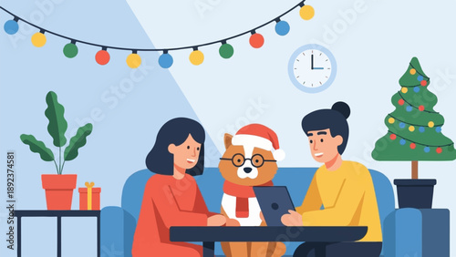 Festive gathering with two people, a dog wearing a Santa hat, and a Christmas tree