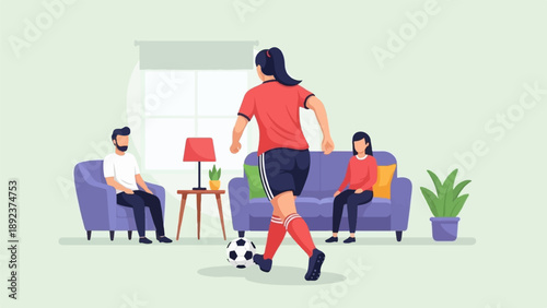 Family playing soccer indoors