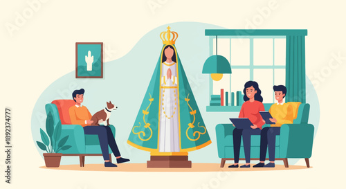 Family in living room with religious statue, dog, books and plant