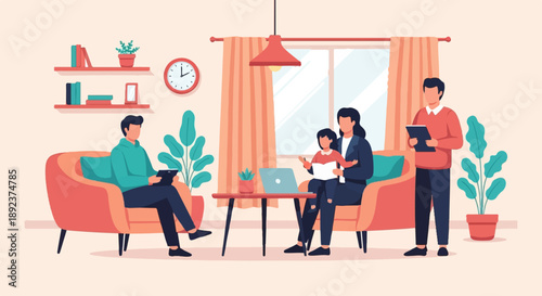 Family in living room with plants, clock, and books