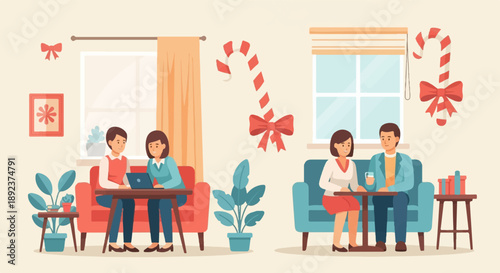 Festive holiday gathering with couples in cozy interior setting