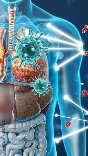 Detailed 3D rendering of human internal organs infected by viruses with an immune response visualization.