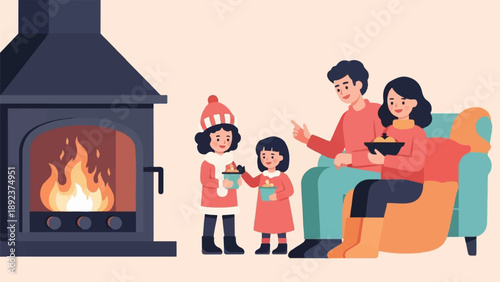 Family gathering around a cozy fireplace with snacks on a comfortable couch