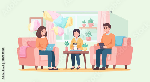 Family relaxing at home, using devices, with a cat