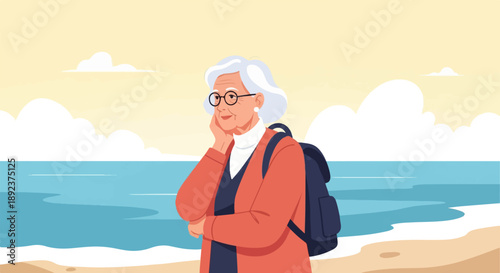 Elderly woman with backpack on a sandy beach by the blue ocean