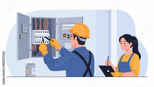 Electrician working on panel with assistant holding tablet