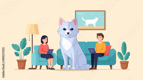 Diverse individuals work remotely with their large dog and framed pet portrait