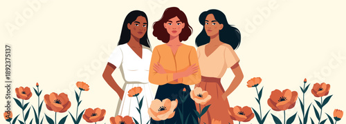 Vector banner with space for text for Women's Day, March 8. Women of different cultures, skin colors stand together surrounded by flowers. Support, movements for gender equality, women's empowerment
