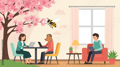 Diverse individuals work remotely under a cherry blossom tree and indoors