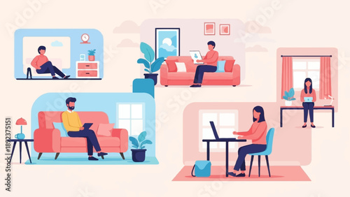 Diverse individuals working and relaxing in separate home environments