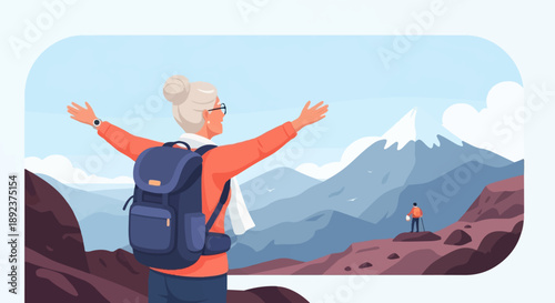 Elderly woman with backpack arms outstretched, enjoying a mountain vista