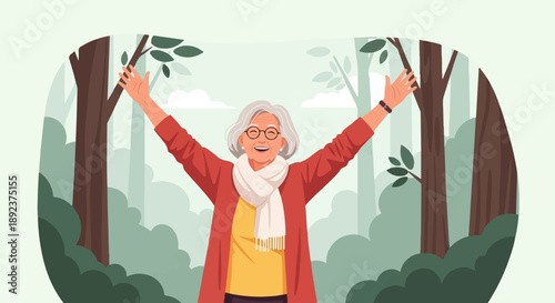 Elderly woman with arms outstretched in a forest