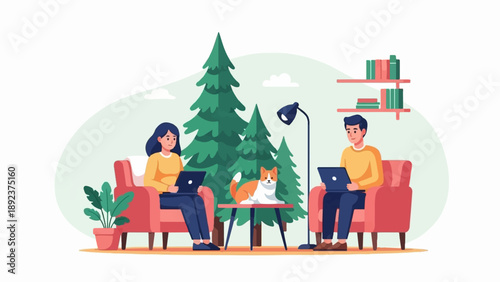 Diverse individuals working on laptops beside a cat and plants