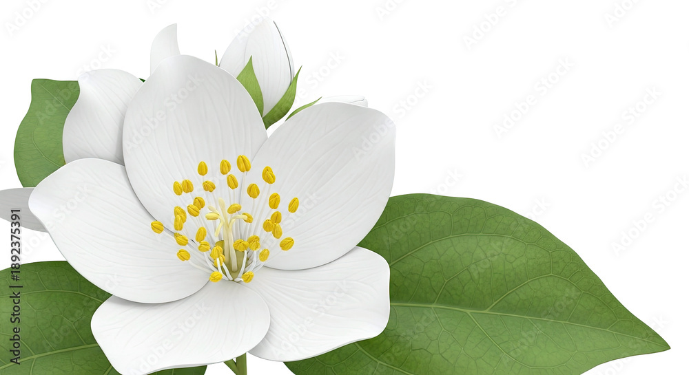 Fototapeta premium Close-up of a white Jasmine flower with green leaves