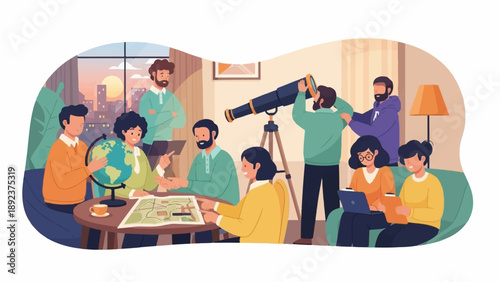 Diverse group collaborates indoors, exploring globe and telescope