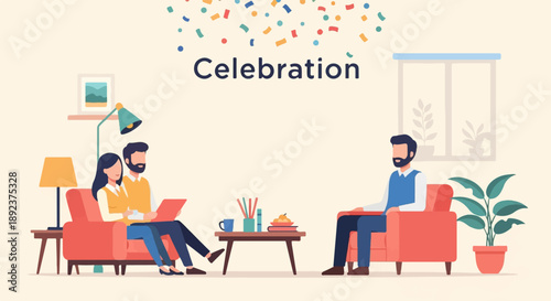 Diverse people celebrating indoors with confetti and decor