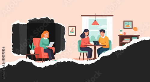 Diverse people collaborate and learn in cozy, interior settings
