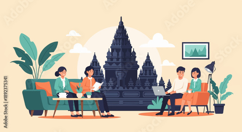 Diverse group collaborates near ancient temple, indoor