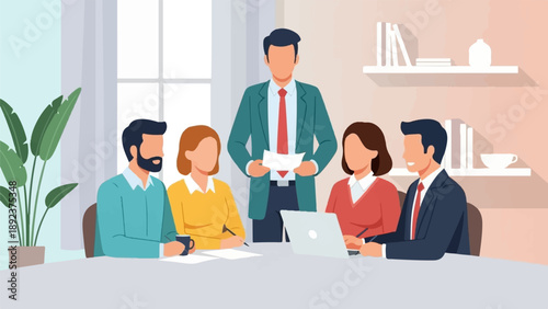 Diverse group collaborating around a table, a leader presents