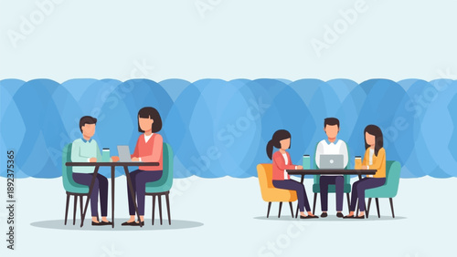 Diverse group collaborating at tables near a wave-like blue backdrop