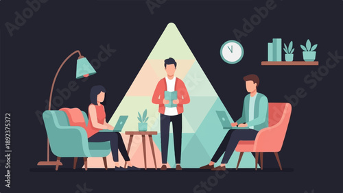 Diverse people collaborate and work on laptops in a modern, dimly lit indoor space