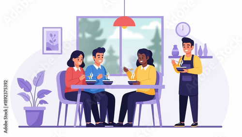 Diverse group enjoys a warm meal served by a waiter in a cozy dining atmosphere