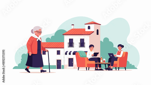 Elderly woman walks past people relaxing at a cafe with a building behind them