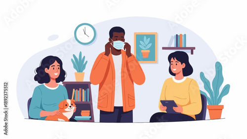 Diverse group indoors, one wearing mask, interacting with dog