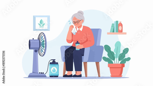 Elderly woman sweating and wiping face, sitting by a fan
