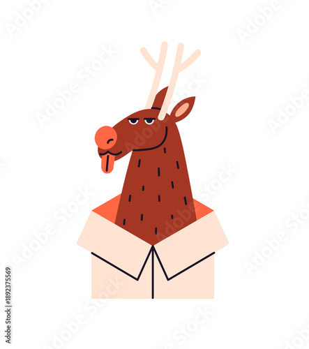 Santa deer peeks outside open box. Cute reindeer head with sticking tongue and antlers peeps from gift. Christmas character looks out giftbox. Flat isolated vector illustration on white background