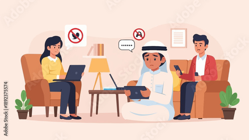 Diverse people distressed by digital communication obstacles in home setting