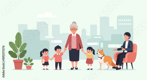 Diverse family group with dog and plants in urban setting