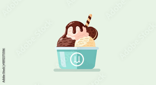 Delicious ice cream cup with chocolate syrup, cookie, and wafer