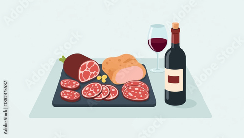 Delicious meat platter with sliced salami, a roast, and a glass of red wine