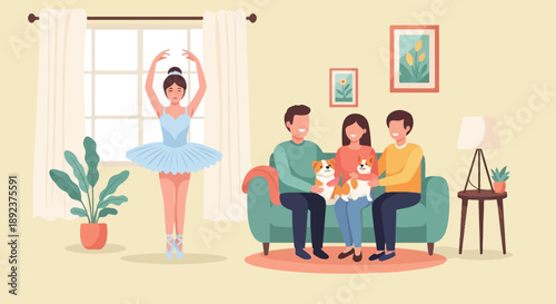 Family relaxing at home while a dancer practices ballet