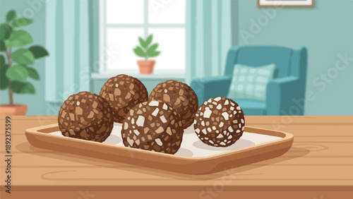 Delicious round chocolates with nuts and crunchy pieces on a platter indoors