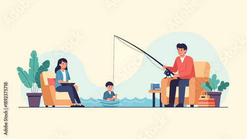 Family enjoys indoor fishing while relaxing on cozy chairs