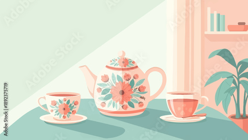 Delicate floral teapot and cups sit near a houseplant and window