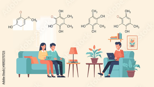 Diverse people engaging with technology and science in a relaxed domestic setting