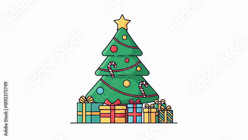 Decorated evergreen tree with colorful wrapped presents and festive ornaments