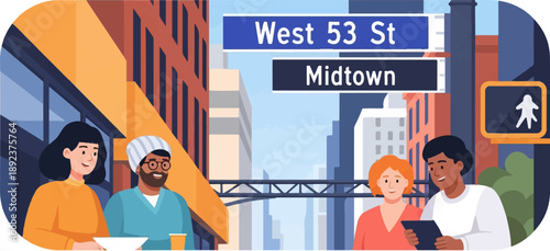 Diverse people enjoying outdoor urban dining with street signs above