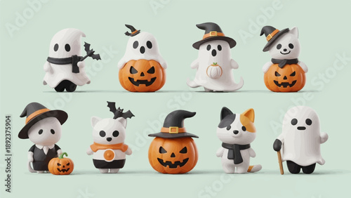 Cute Halloween characters ghosts, pumpkins, and cats in costumes